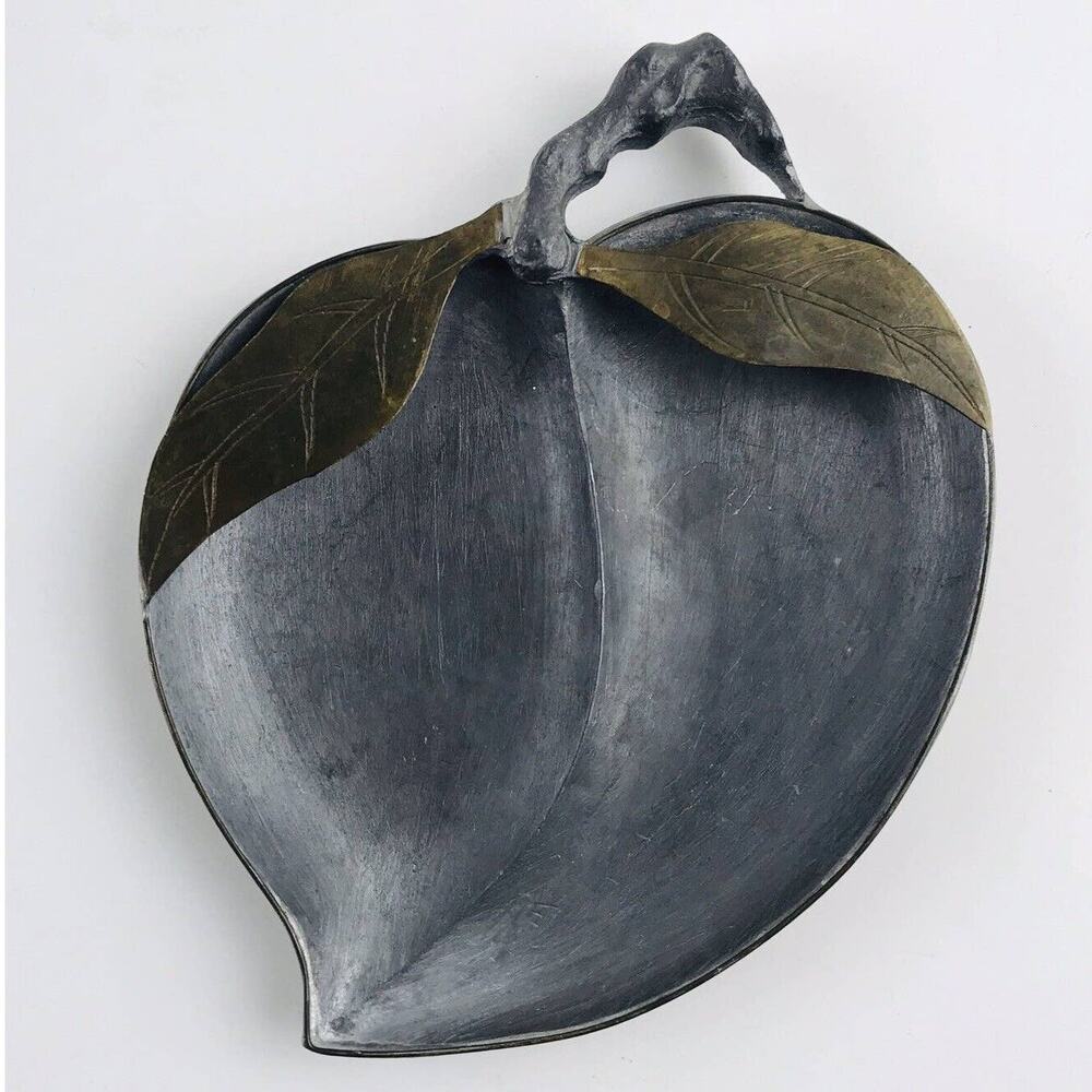 Pure Pewter Peach Shape Leaf Divided Dish w/Brass Mixed Metals 5.5" Hong Kong